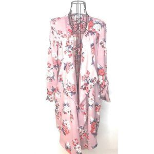 Women Pink Floral Long Sleeves Open Front Long Poncho Cardigan Kimono Medium